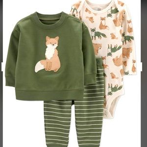 NWT CARTER’S 3Mo THREE PIECE OLIVE GREEN, FOX MATCHING OUTFIT